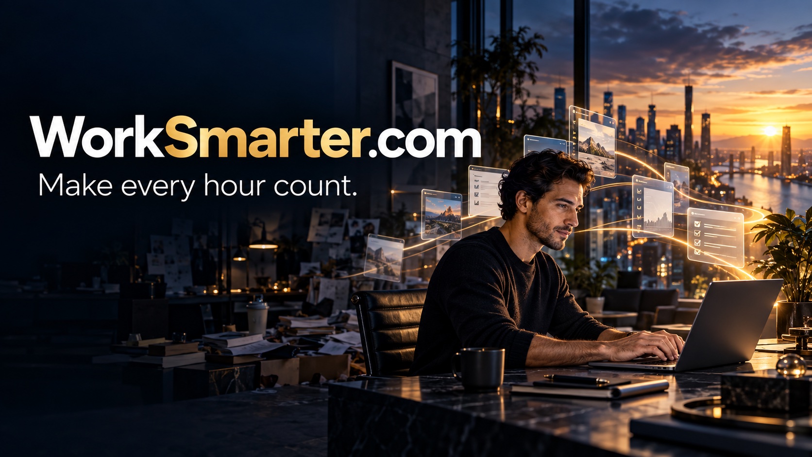 WorkSmarter.com. Make every hour count. A builder works at a desk overlooking a city at sunset.